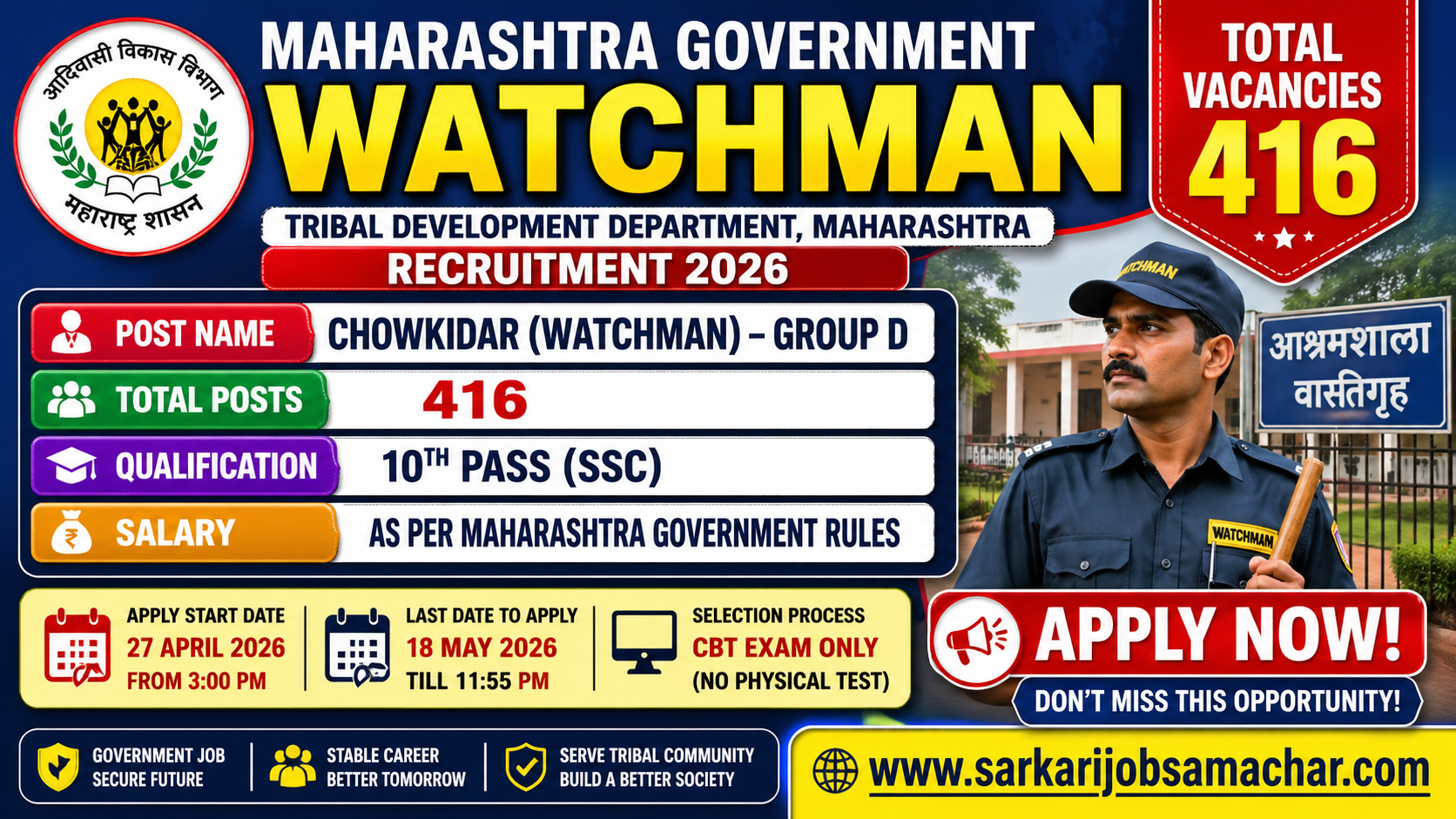 Tribal Development Department Maharashtra Watchman Recruitment 2026 - Apply Online for 416 Posts